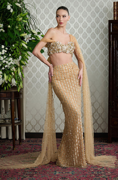Gold Tulle Taban Embroidered Skirt Set