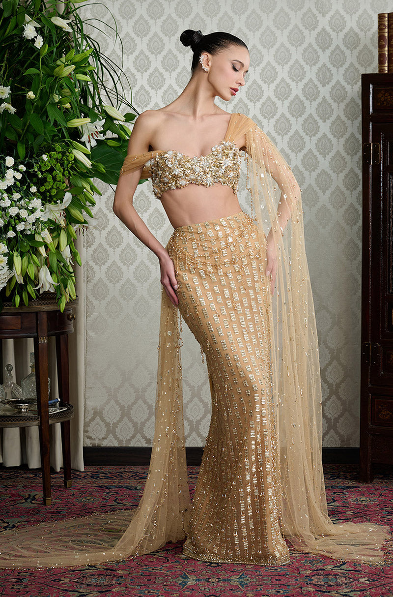 Gold Tulle Taban Embroidered Skirt Set