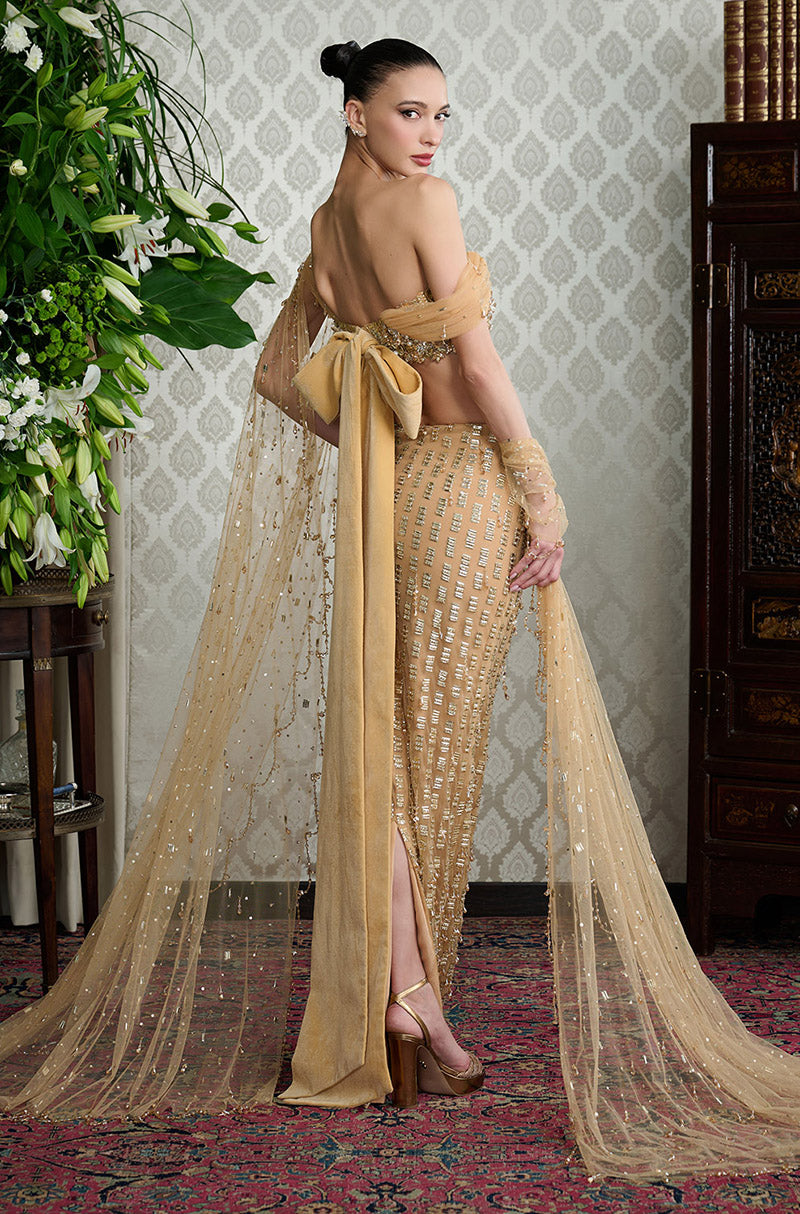 Gold Tulle Taban Embroidered Skirt Set