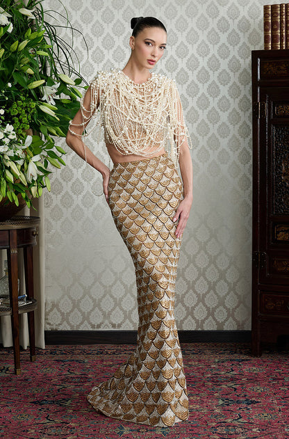 Gold & Silver Stone Encrusted Scallop Skirt Set