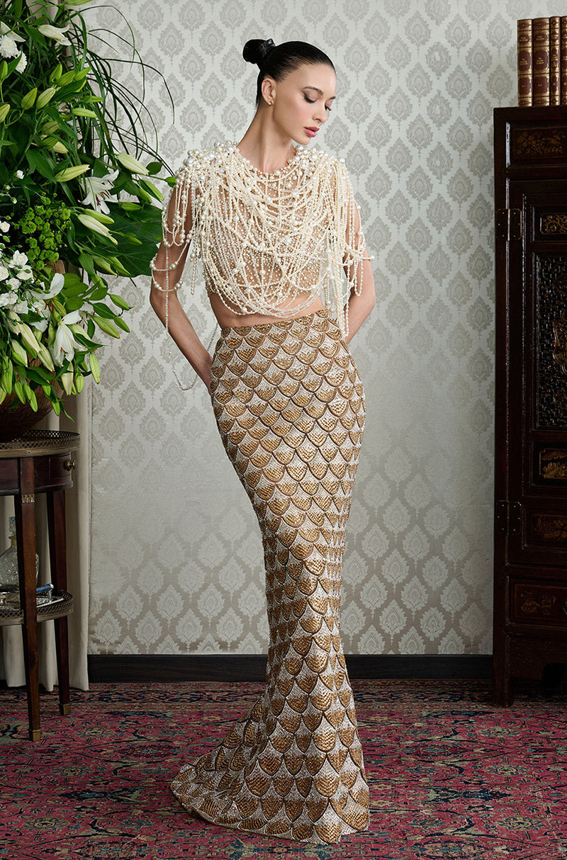 Gold & Silver Stone Encrusted Scallop Skirt Set