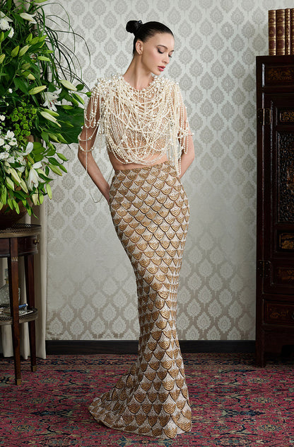 Gold & Silver Stone Encrusted Scallop Skirt Set