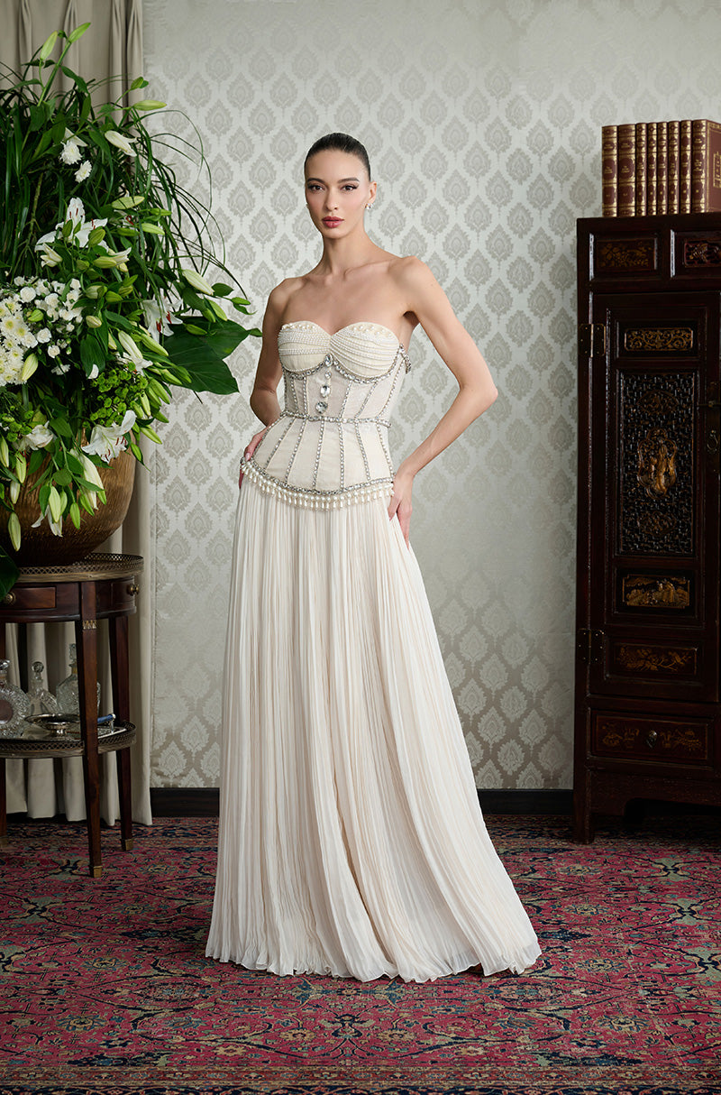 Cream Crushed Pleated Skirt Set