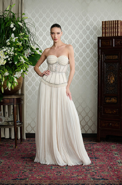 Cream Crushed Pleated Skirt Set