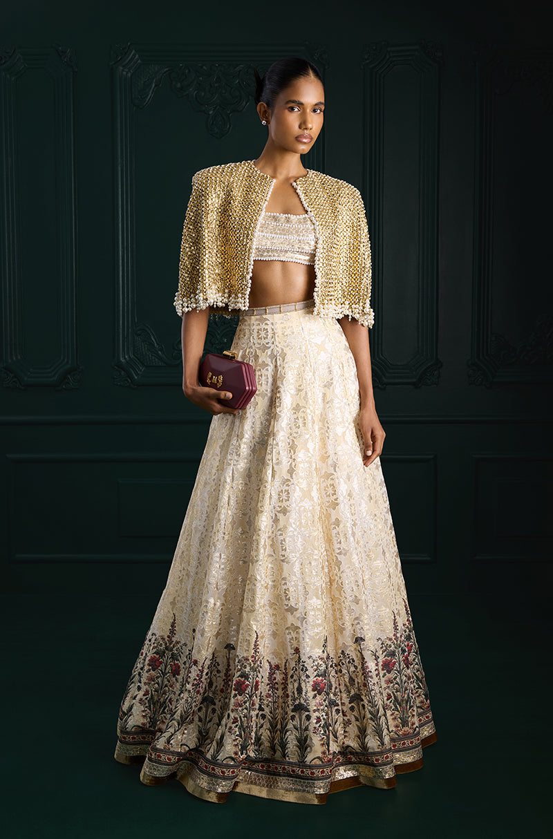 Ivory Gold Sequin Sheeted Printed Lehenga Set