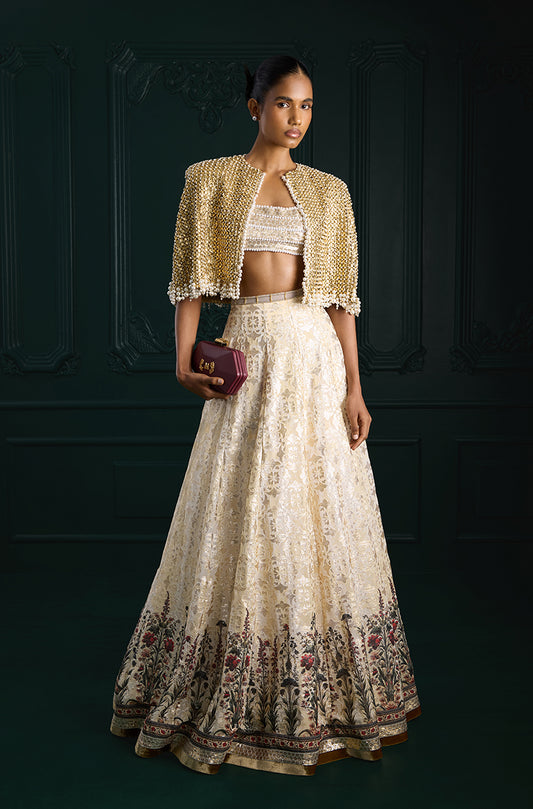 Ivory Gold Sequin Sheeted Printed Lehenga Set