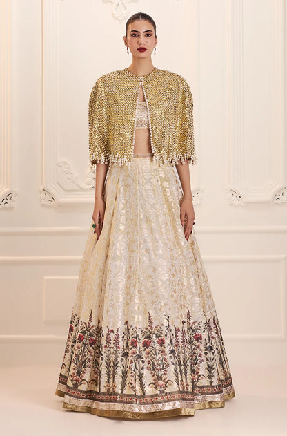 Ivory Gold Sequin Sheeted Printed Lehenga Set
