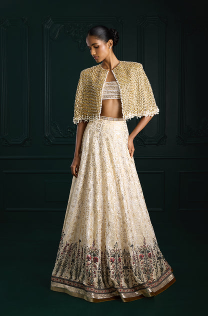 Ivory Gold Sequin Sheeted Printed Lehenga Set
