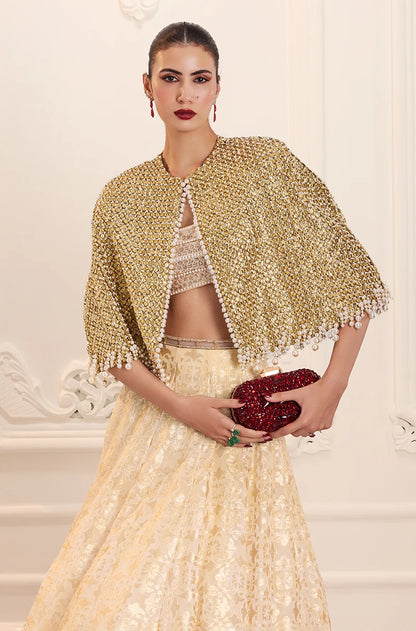 Ivory Gold Sequin Sheeted Printed Lehenga Set