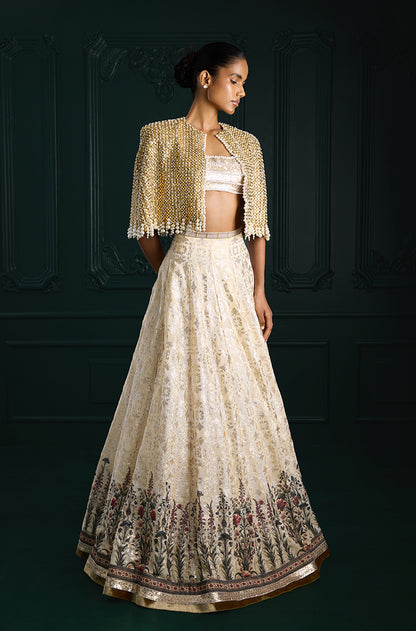 Ivory Gold Sequin Sheeted Printed Lehenga Set