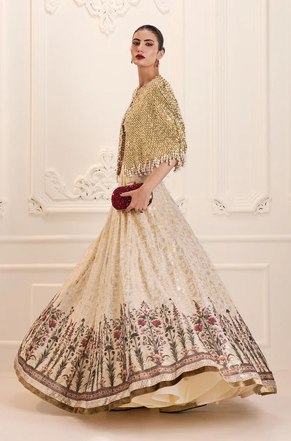 Ivory Gold Sequin Sheeted Printed Lehenga Set