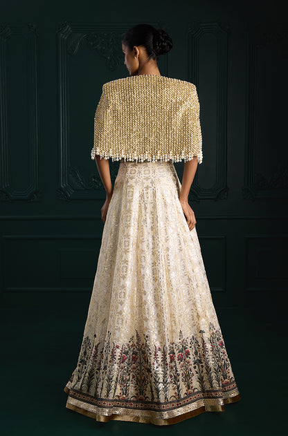 Ivory Gold Sequin Sheeted Printed Lehenga Set