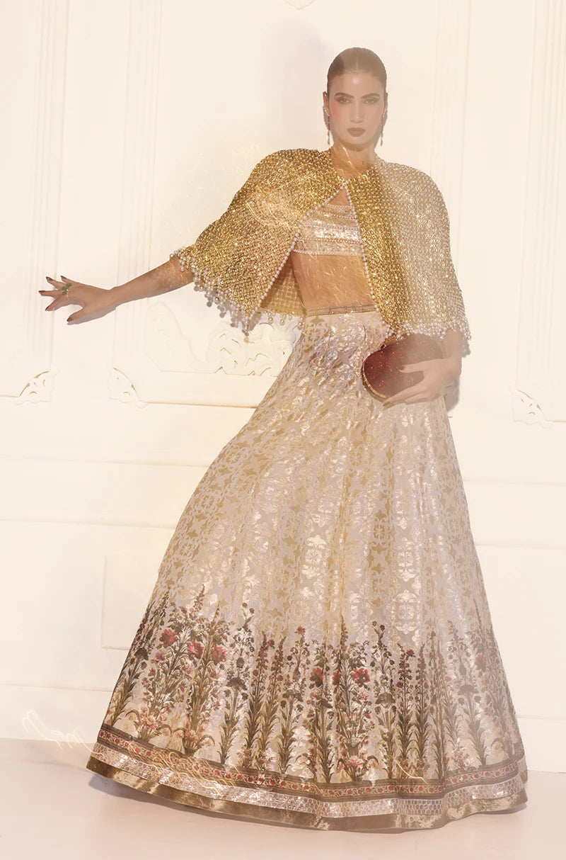 Ivory Gold Sequin Sheeted Printed Lehenga Set