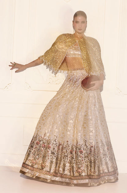 Ivory Gold Sequin Sheeted Printed Lehenga Set