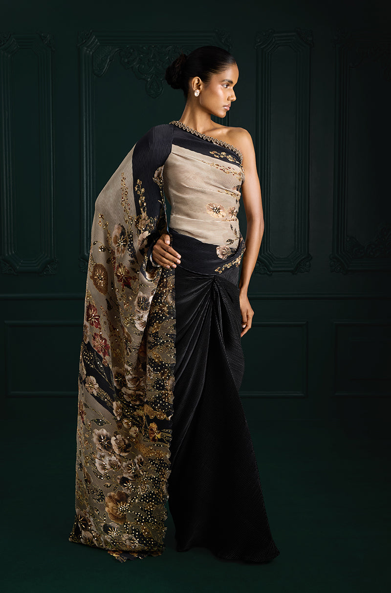 Green Floral Print Pre-Pleated Floral Drape Skirt Set