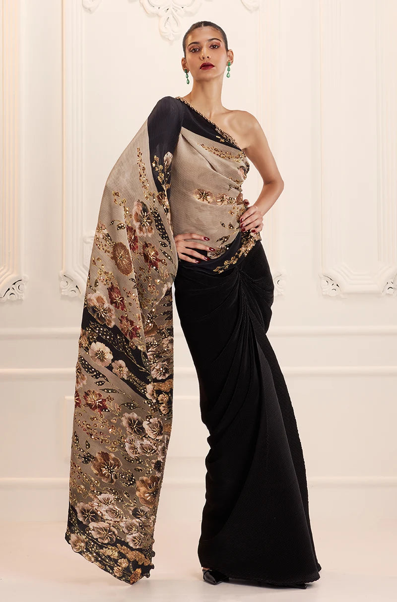 Green Floral Print Pre-Pleated Floral Drape Skirt Set