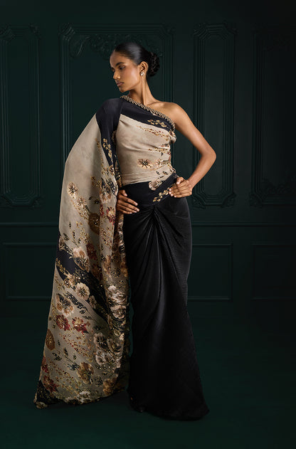 Green Floral Print Pre-Pleated Floral Drape Skirt Set
