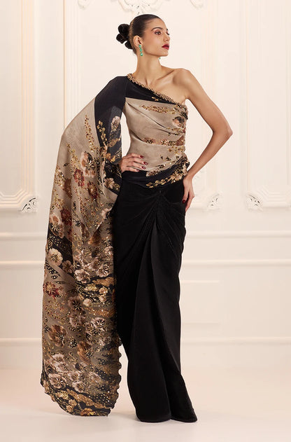 Green Floral Print Pre-Pleated Floral Drape Skirt Set