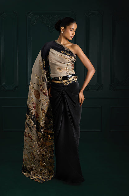 Green Floral Print Pre-Pleated Floral Drape Skirt Set