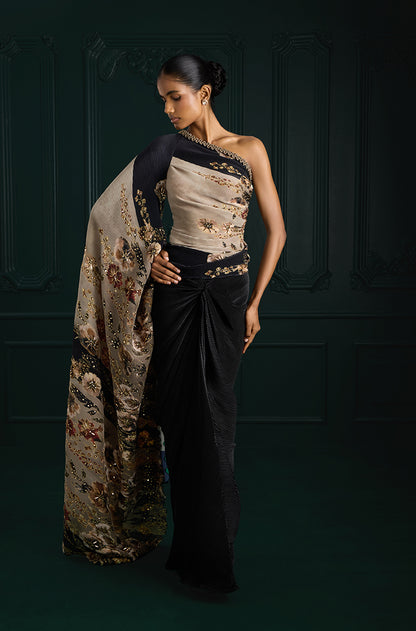 Green Floral Print Pre-Pleated Floral Drape Skirt Set