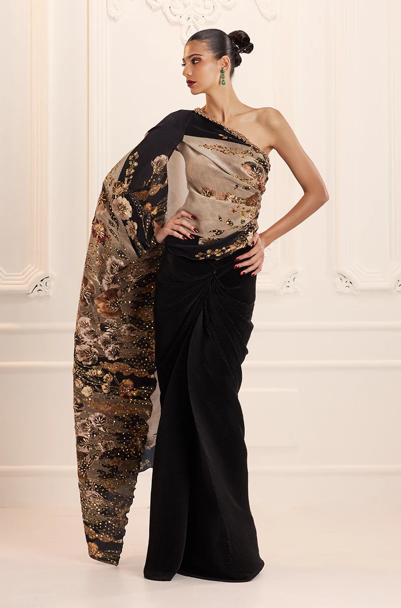 Green Floral Print Pre-Pleated Floral Drape Skirt Set