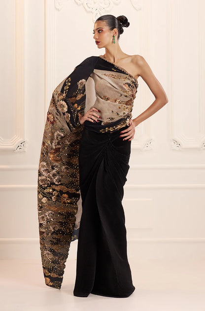 Green Floral Print Pre-Pleated Floral Drape Skirt Set