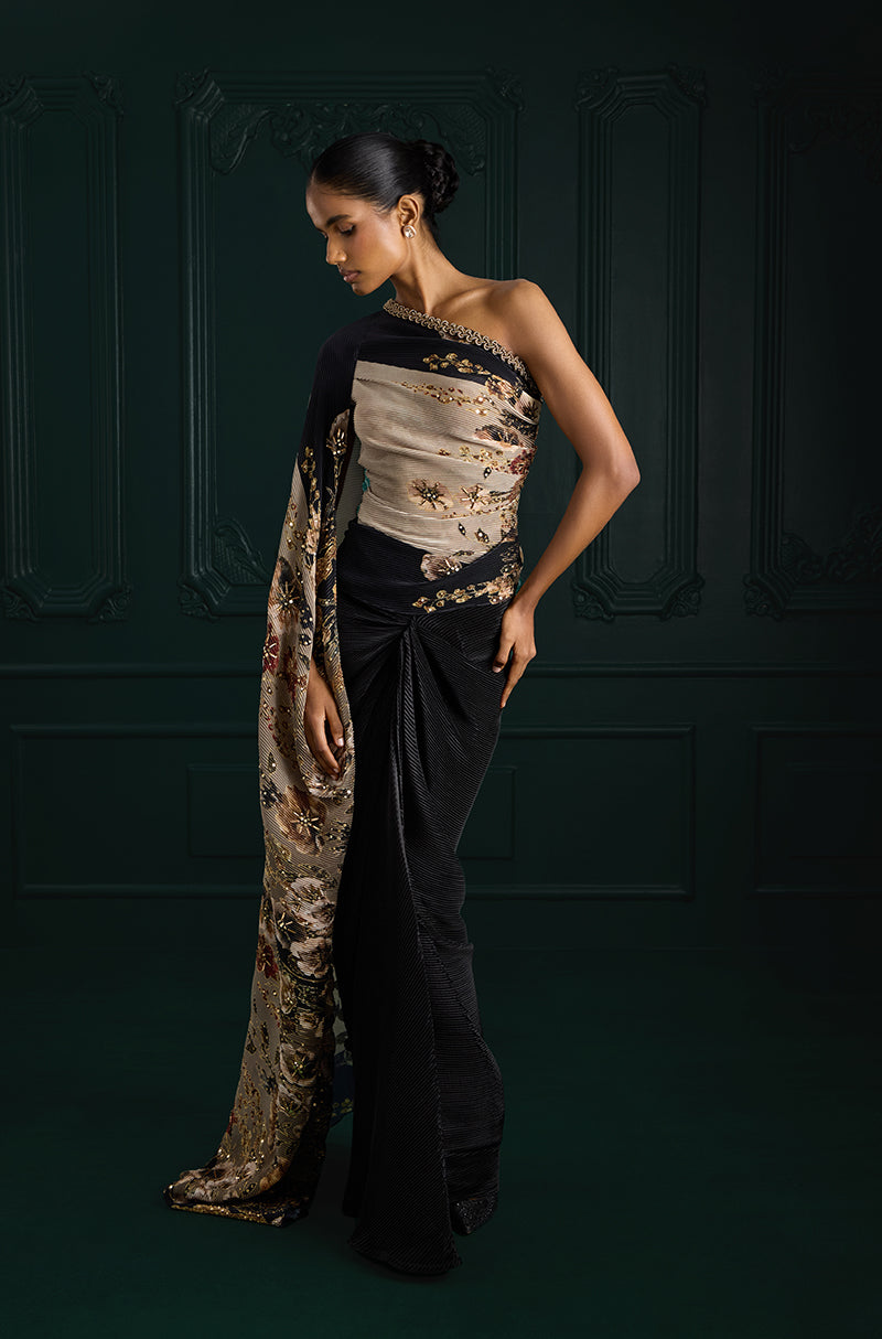 Green Floral Print Pre-Pleated Floral Drape Skirt Set