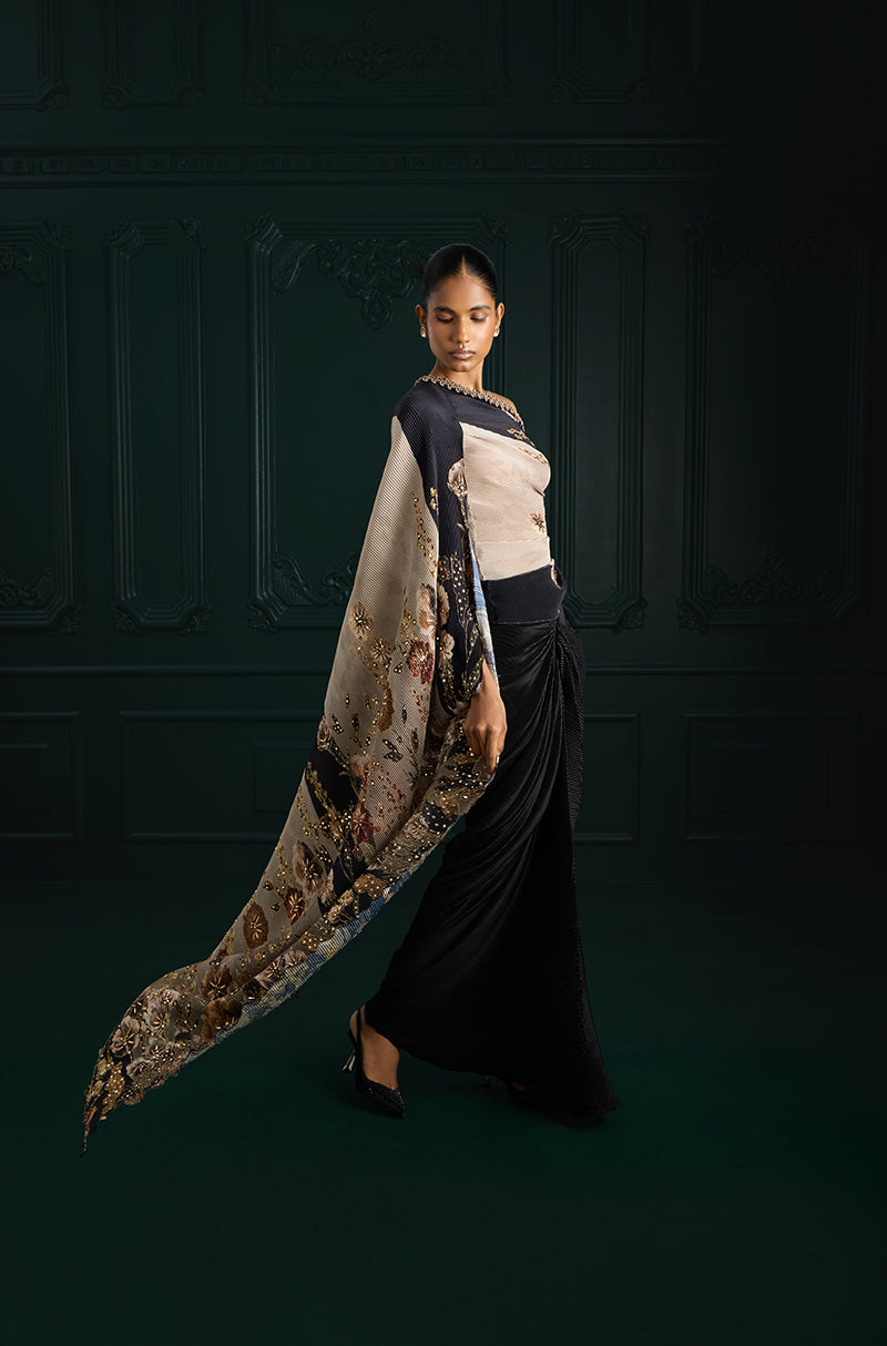 Green Floral Print Pre-Pleated Floral Drape Skirt Set