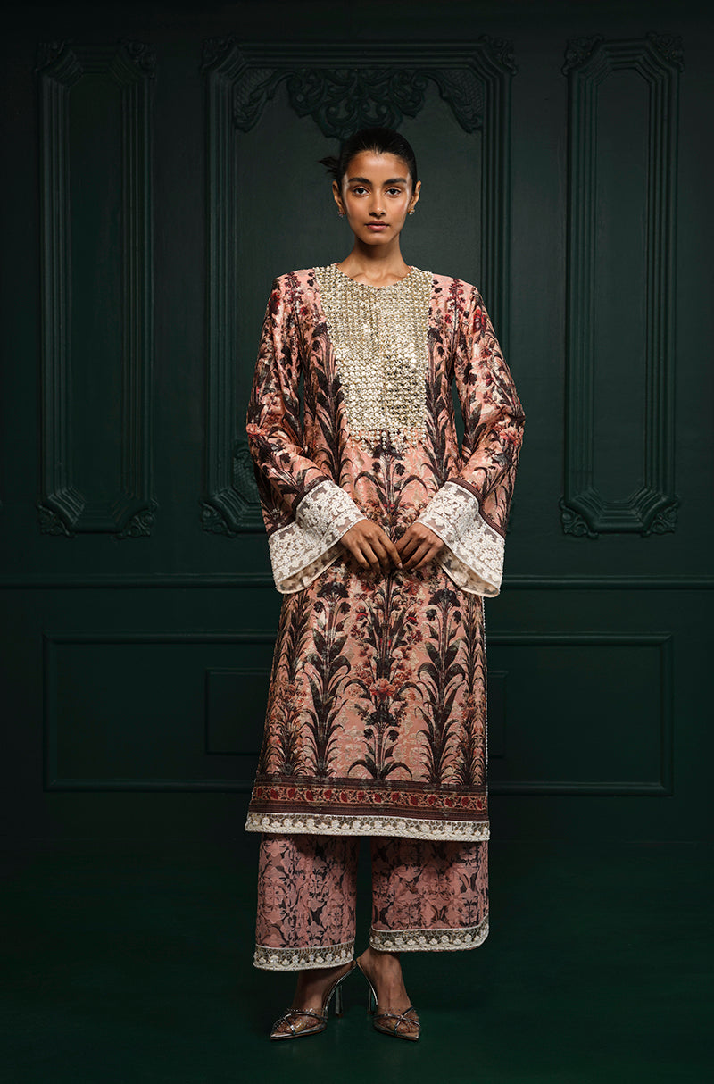 Salmon Pink Straight-Cut Printed Kurta Set