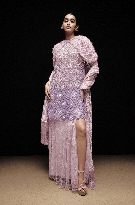 Lilac Ombré Metal Taban Sequin Kurta Wrap Skirt Set
