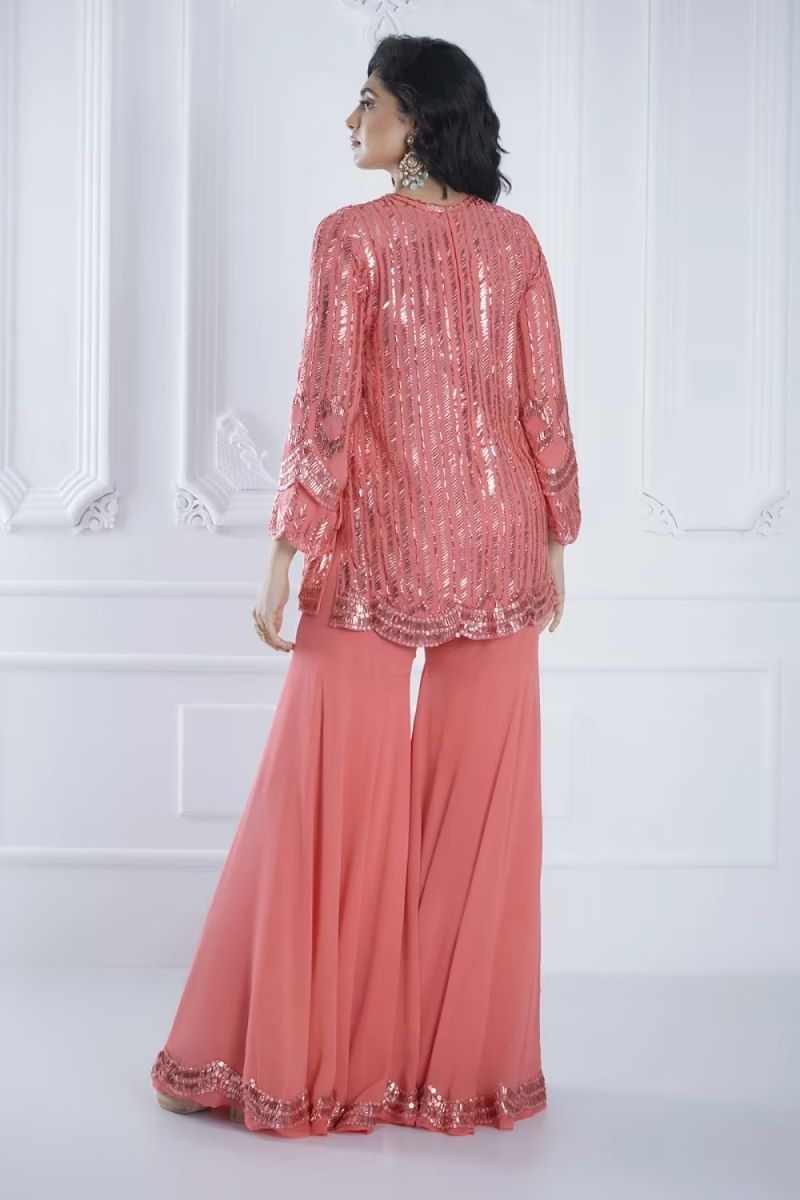Coral Sequin Embroidered Sharara Set