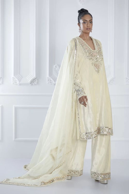 Ivory Velvet Embroidered Kurta Set