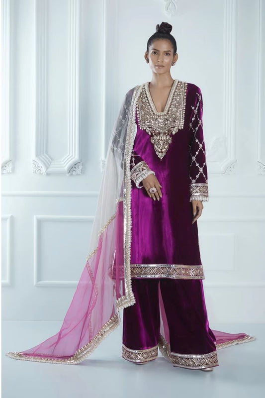 Wine Velvet Embroidered Kurta Set