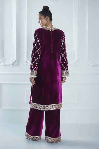 Wine Velvet Embroidered Kurta Set