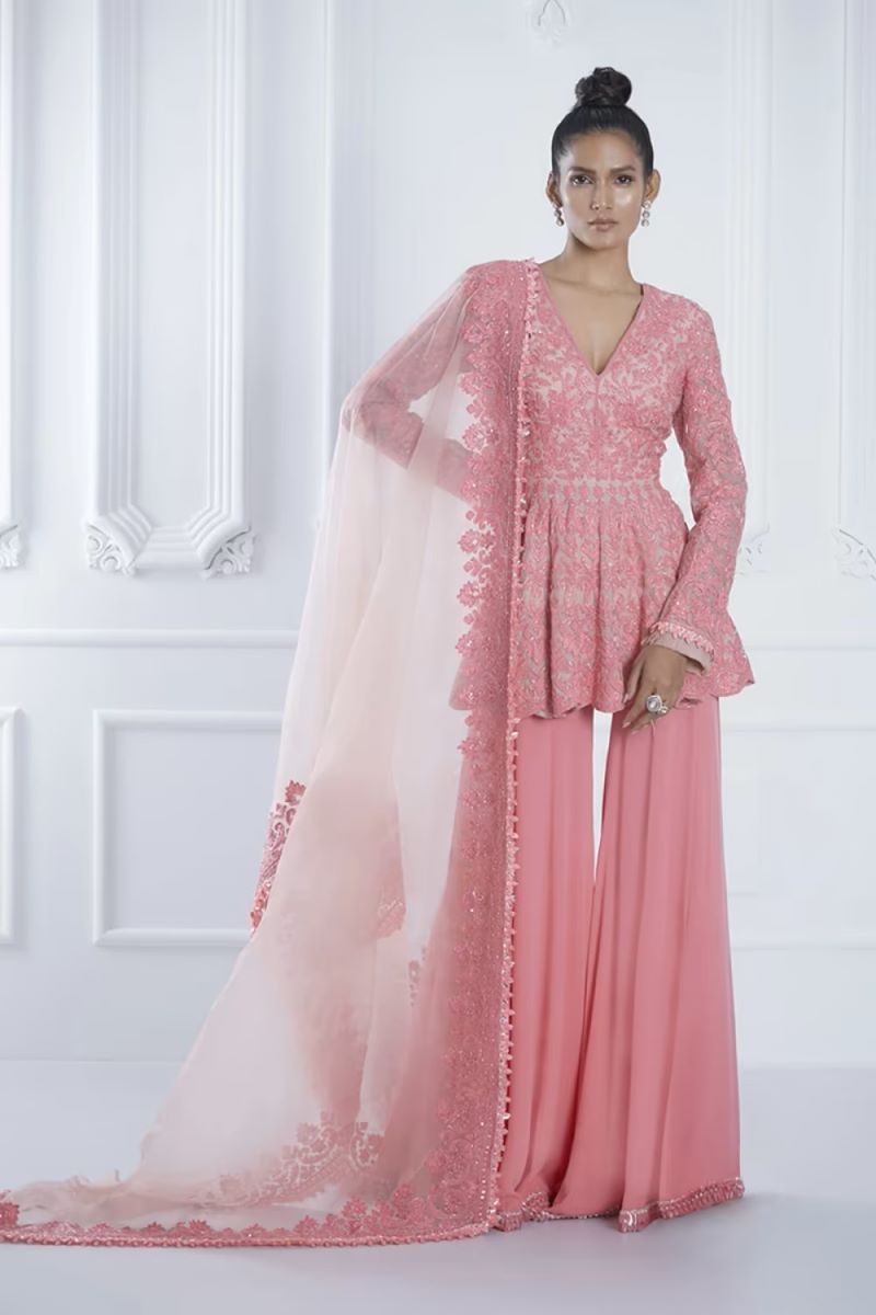 Pink Dori Sequin Peplum Kurta with Sharara Set