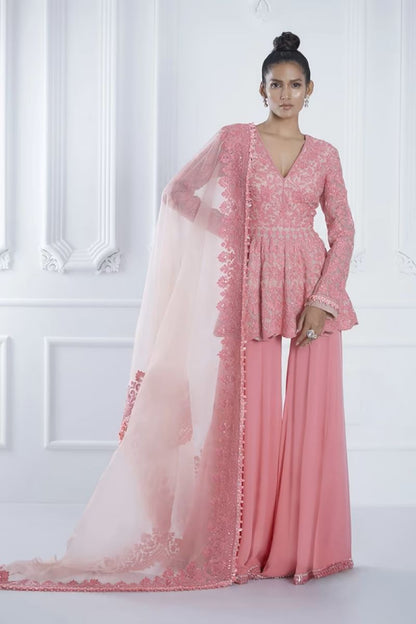 Pink Dori Sequin Peplum Kurta with Sharara Set