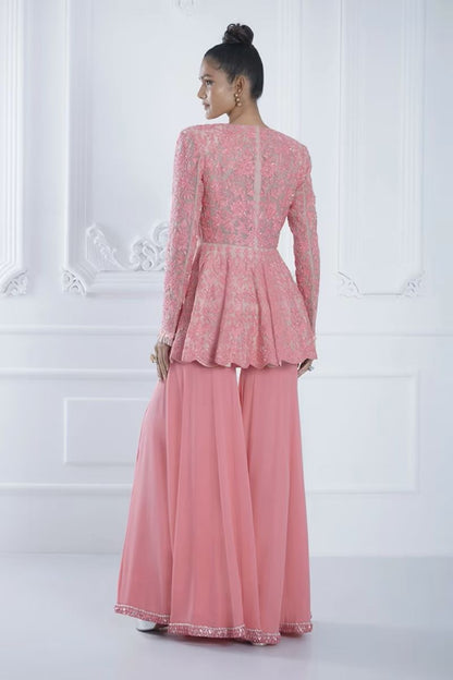 Pink Dori Sequin Peplum Kurta with Sharara Set