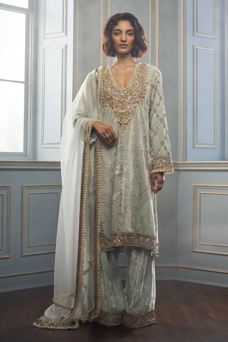 Powder Blue Shibori Embroidered Velvet Kurta Set