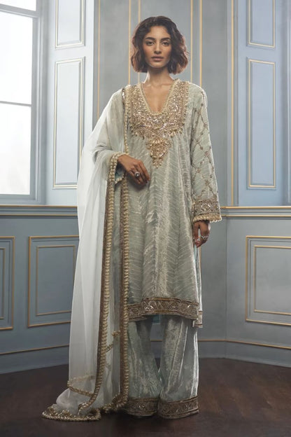 Powder Blue Shibori Embroidered Velvet Kurta Set