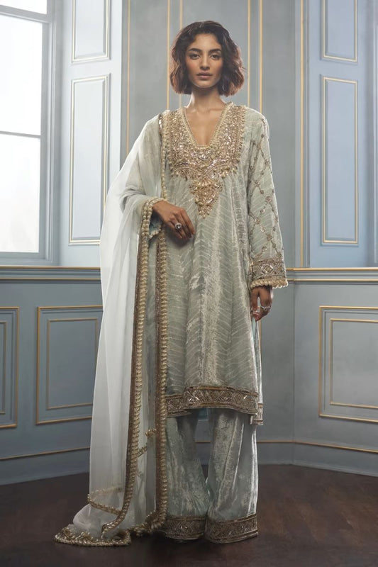 Powder Blue Shibori Embroidered Velvet Kurta Set