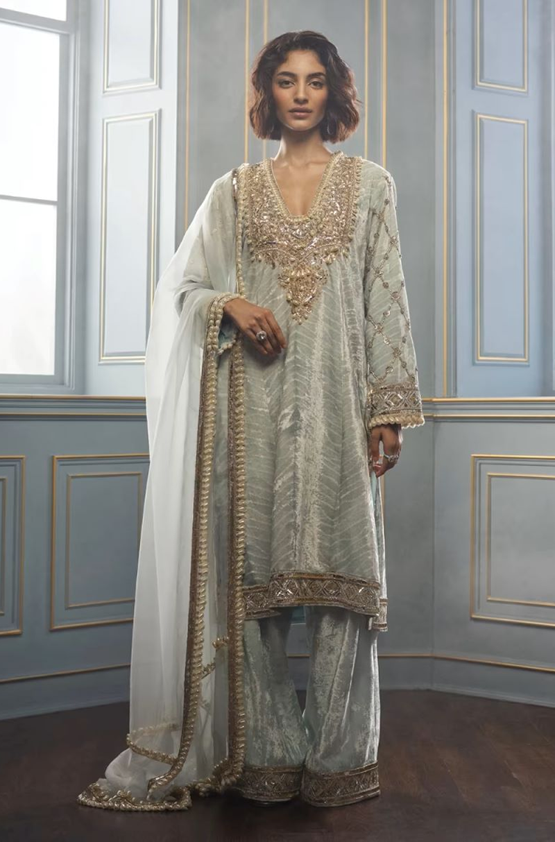 Powder Blue Shibori Embroidered Velvet Kurta Set