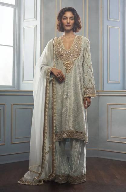 Powder Blue Shibori Embroidered Velvet Kurta Set