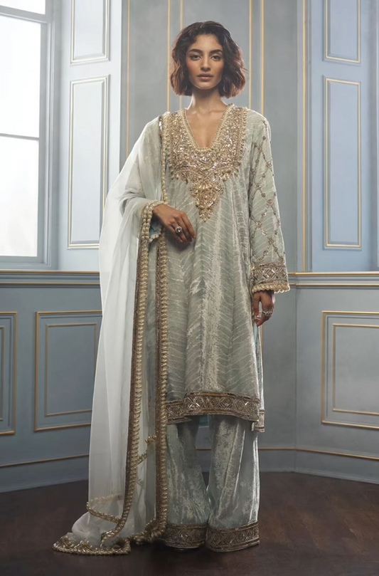 Powder Blue Shibori Embroidered Velvet Kurta Set