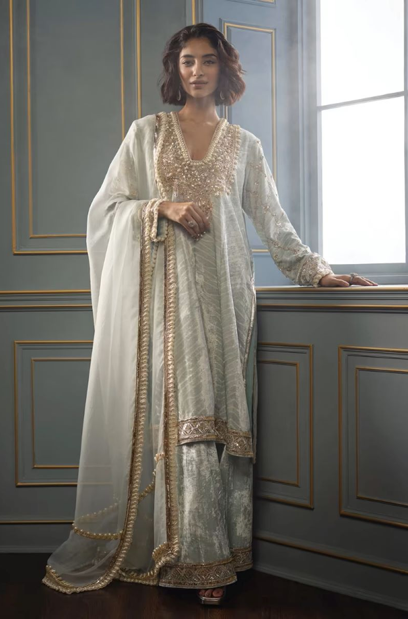 Powder Blue Shibori Embroidered Velvet Kurta Set