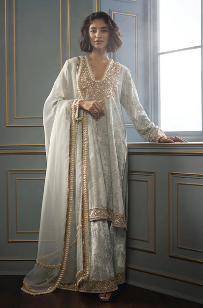 Powder Blue Shibori Embroidered Velvet Kurta Set