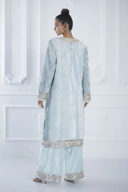 Powder Blue Shibori Embroidered Velvet Kurta Set