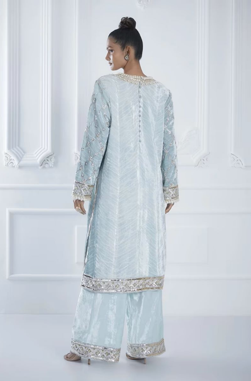 Powder Blue Shibori Embroidered Velvet Kurta Set