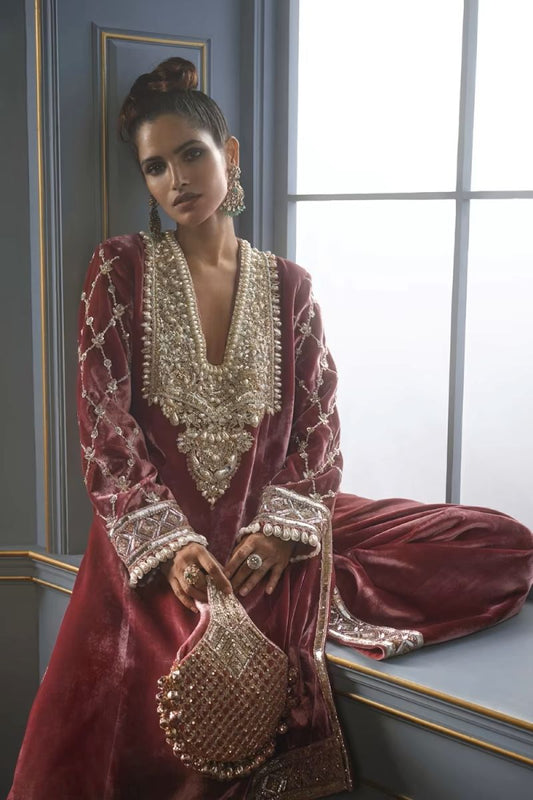Old Rose Velvet Embroidered Kurta Set