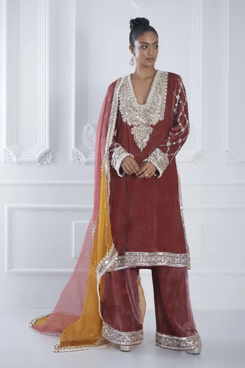 Old Rose Velvet Embroidered Kurta Set