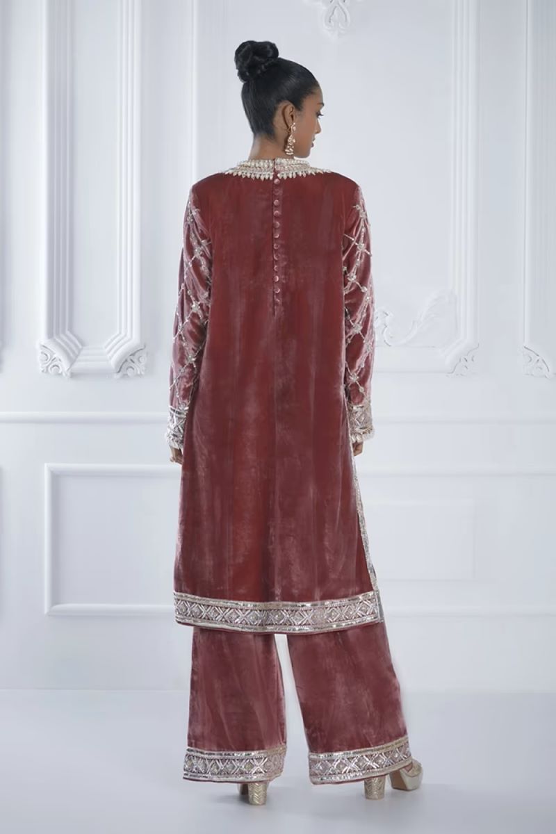 Old Rose Velvet Embroidered Kurta Set